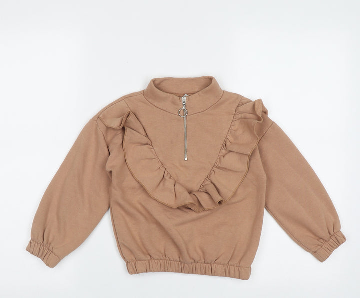 Matalan Girls Brown High Neck  Polyester Pullover Jumper Size 6 Years  Zip