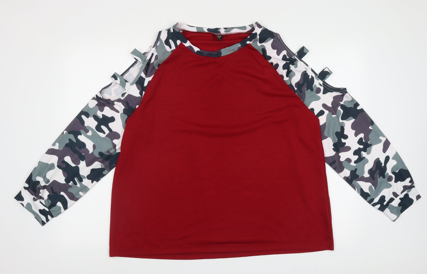 sein Womens Red Crew Neck Camouflage Polyester Pullover Jumper Size XL   - Cold Shoulder