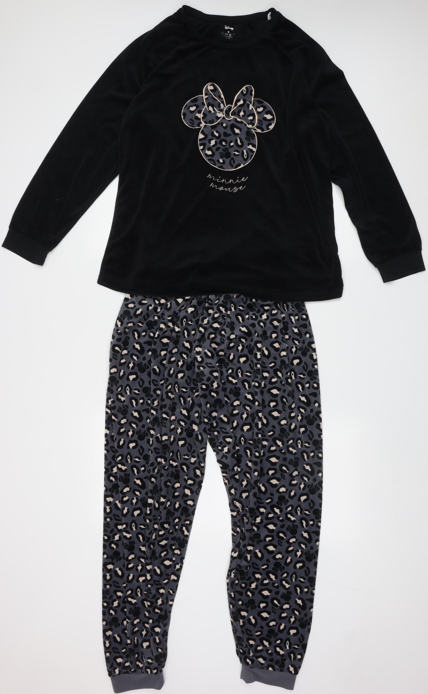 Primark Womens Black Animal Print Polyester  Pyjama Set Size M   - minnie mouse