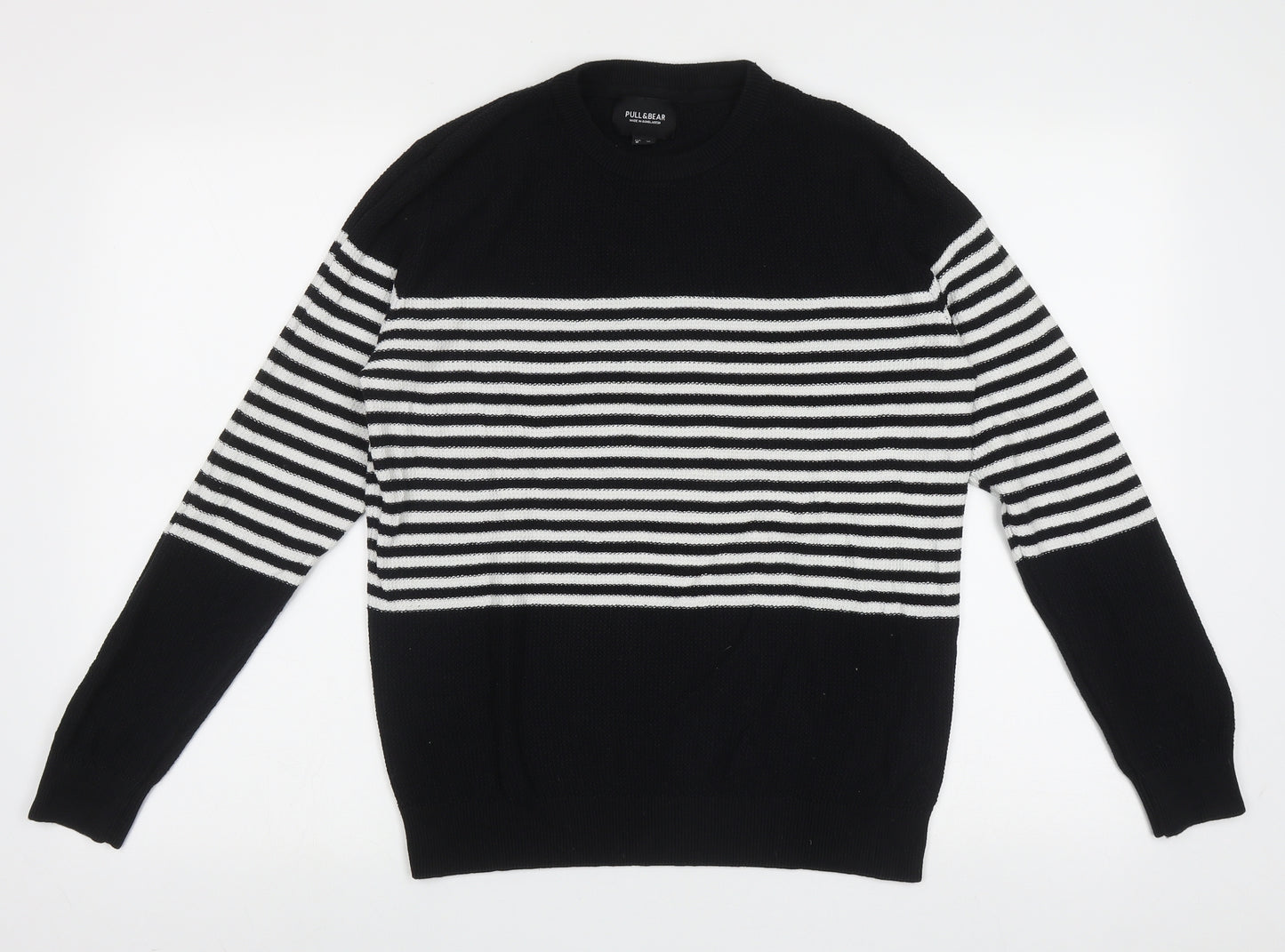 Pull&Bear Womens Black Crew Neck Striped Cotton Pullover Jumper Size M