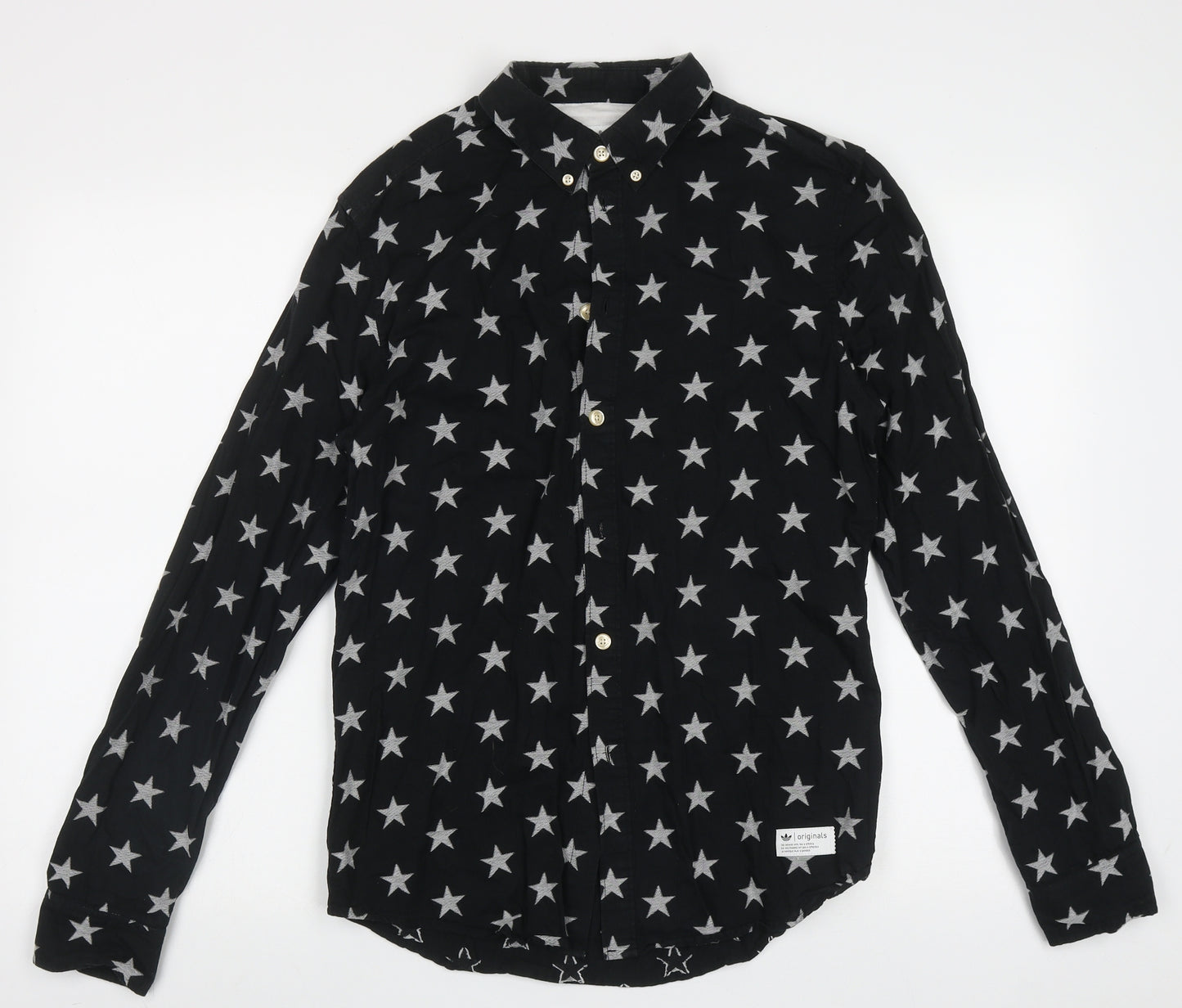 adidas Mens Black Geometric Cotton  Button-Up Size S Collared Button - star pattern