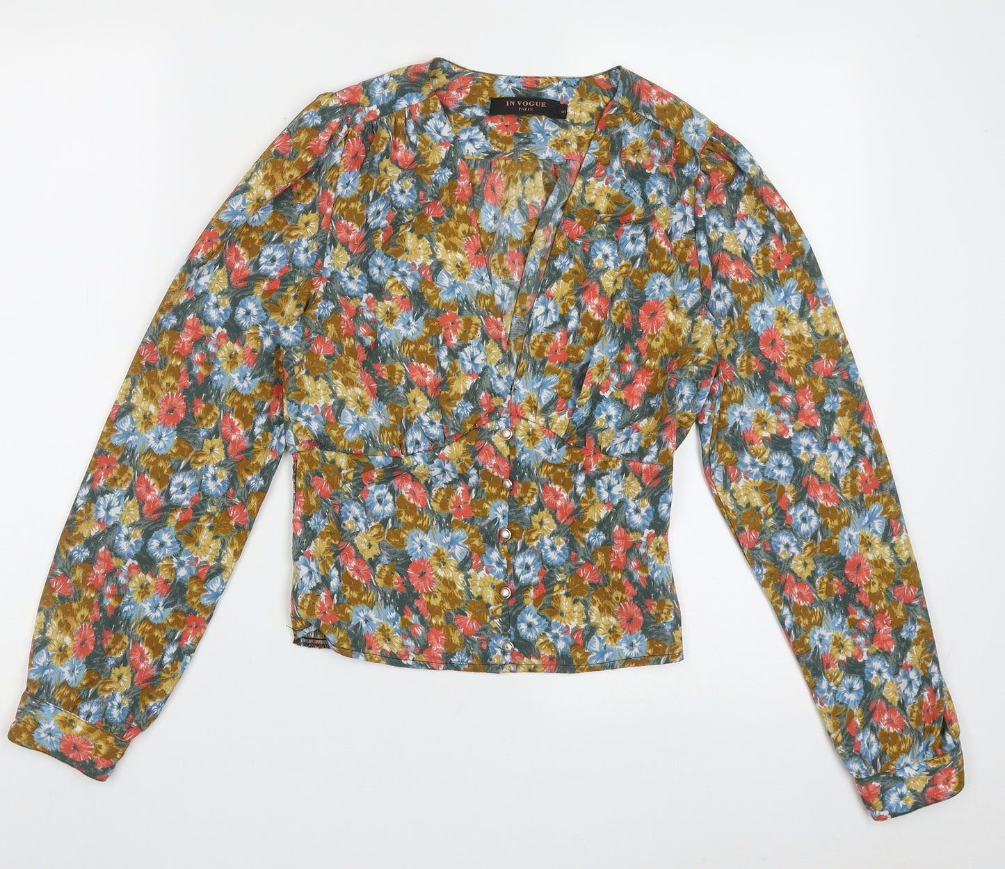 In Vogue Womens Multicoloured Floral Polyester Cropped Blouse Size S V-Neck