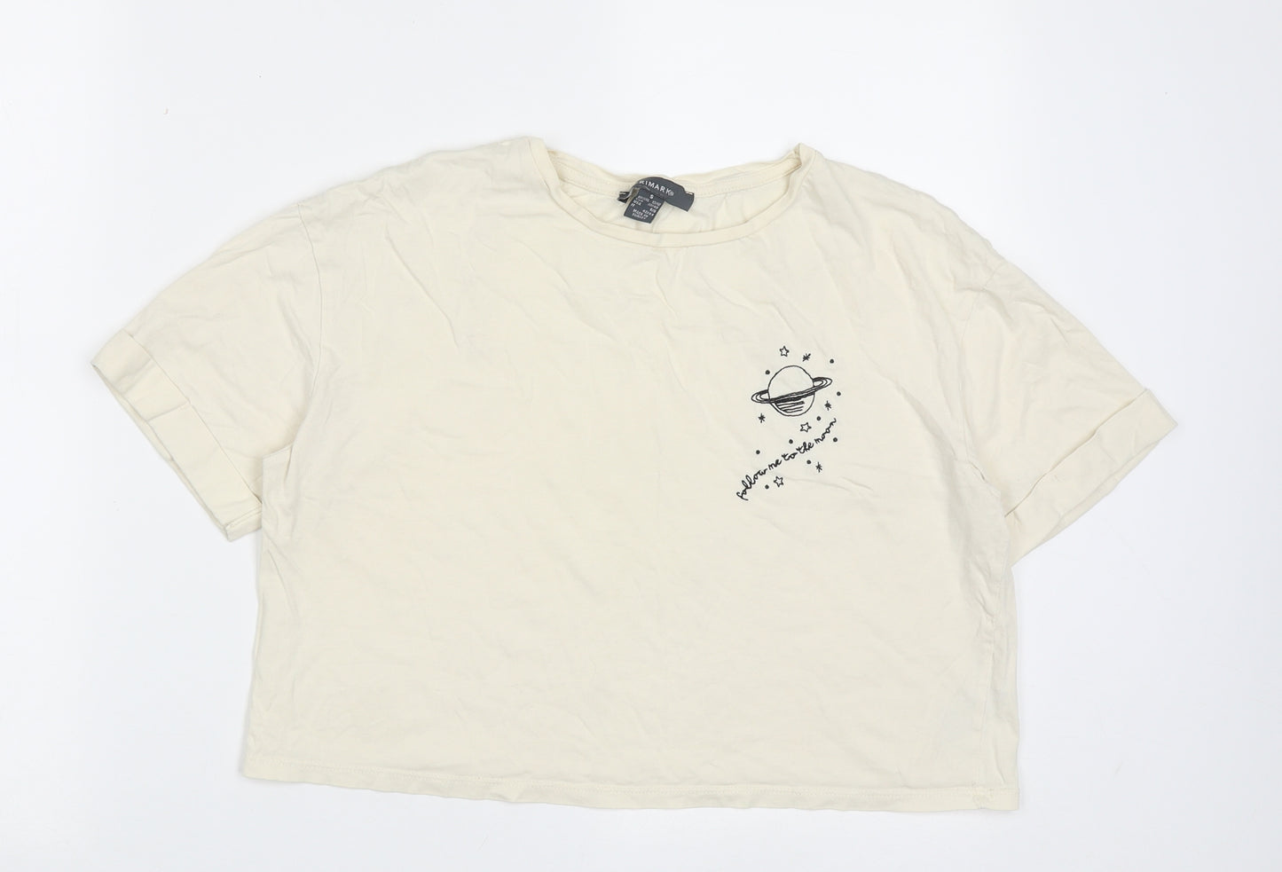 Primark Womens Yellow  Cotton Cropped T-Shirt Size S Crew Neck - follow me to the moon