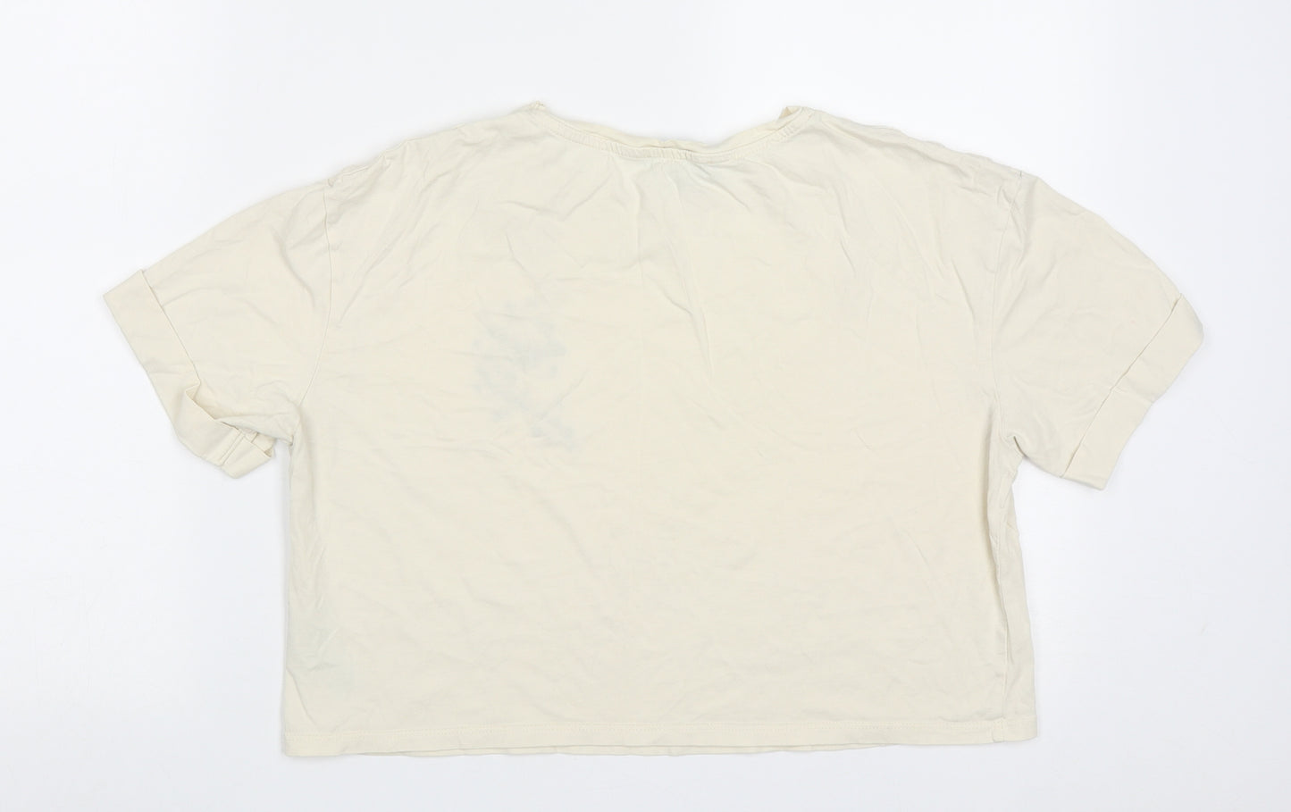 Primark Womens Yellow  Cotton Cropped T-Shirt Size S Crew Neck - follow me to the moon