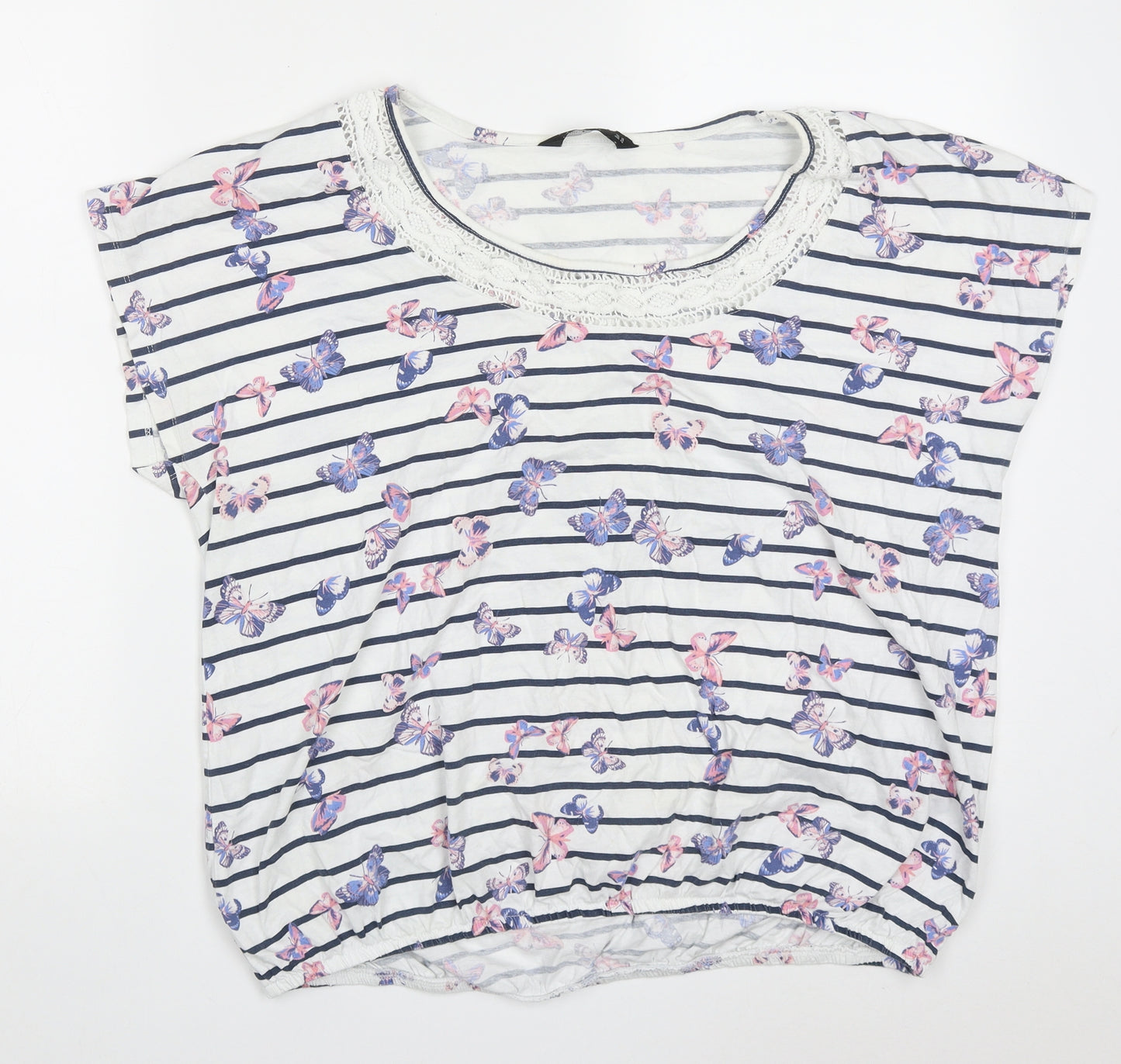 F&F Womens White Striped Cotton Basic T-Shirt Size 18 Crew Neck - Butterflies print