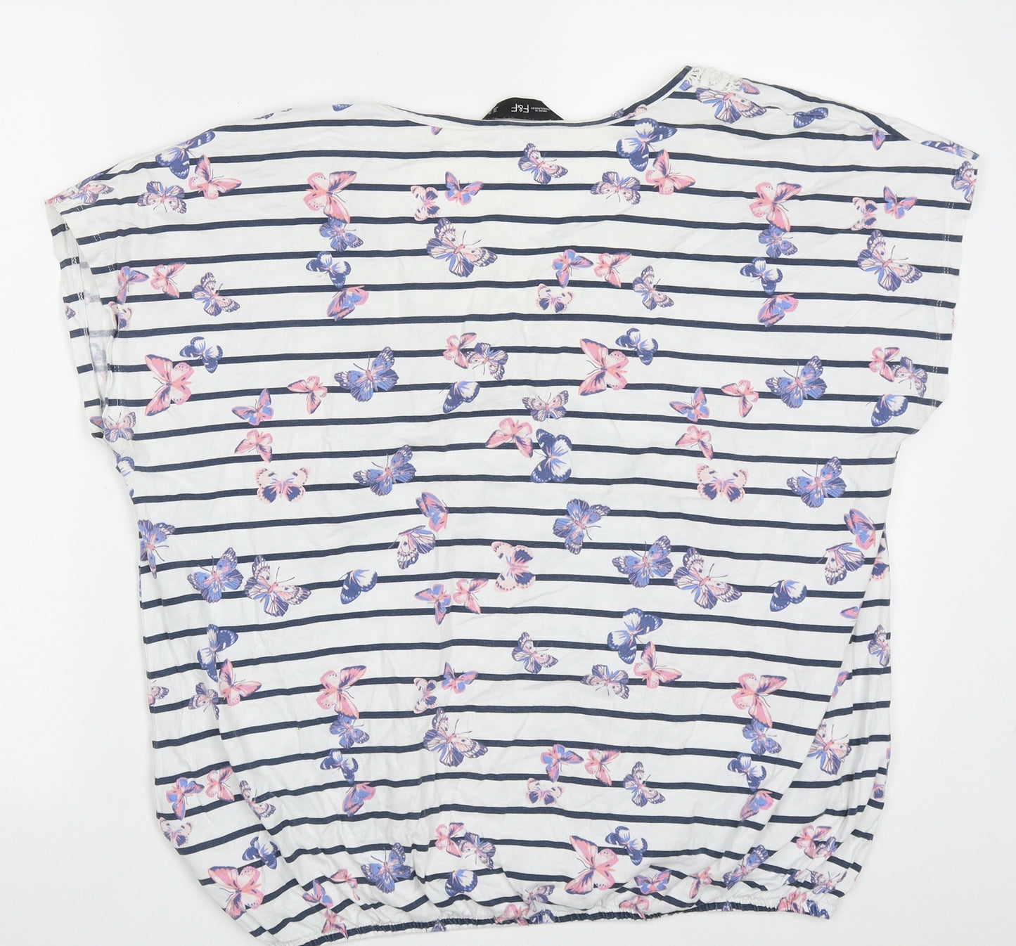 F&F Womens White Striped Cotton Basic T-Shirt Size 18 Crew Neck - Butterflies print