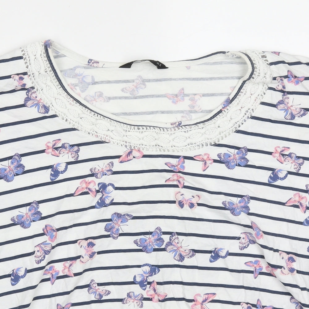 F&F Womens White Striped Cotton Basic T-Shirt Size 18 Crew Neck - Butterflies print