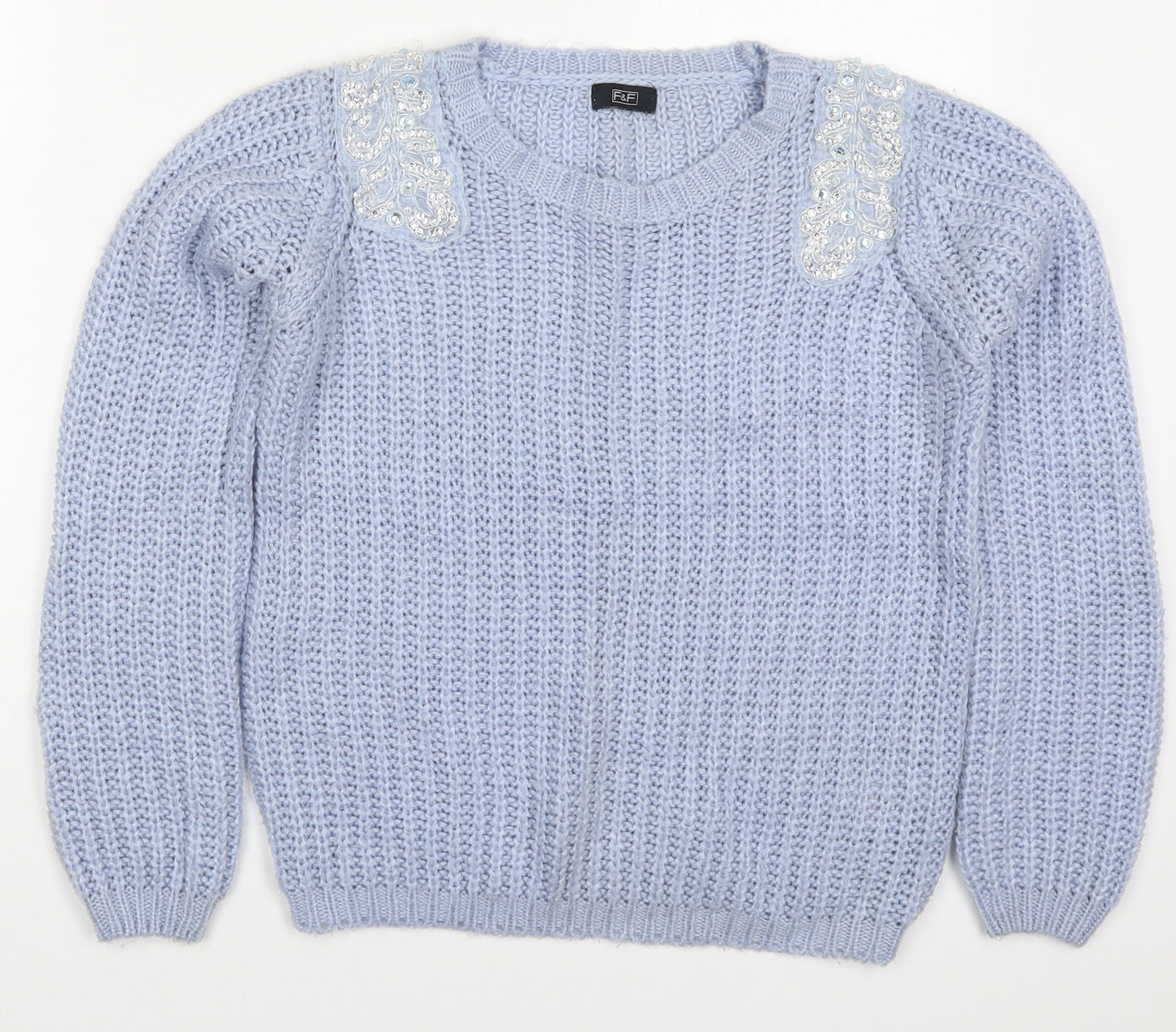 F&F Womens Blue Round Neck  Acrylic Pullover Jumper Size 10