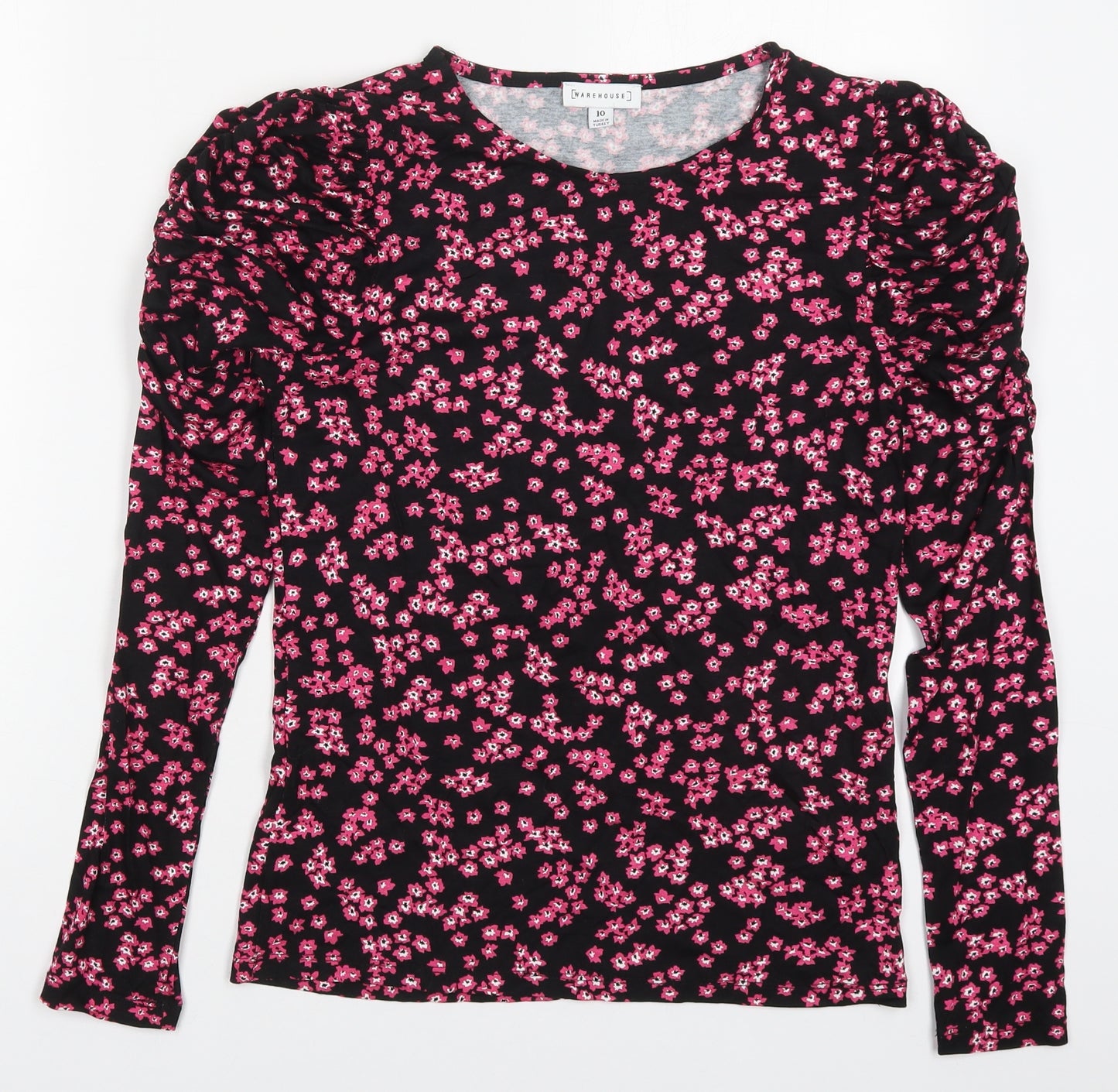 Warehouse Womens Pink Floral Cotton Basic T-Shirt Size 10 Round Neck