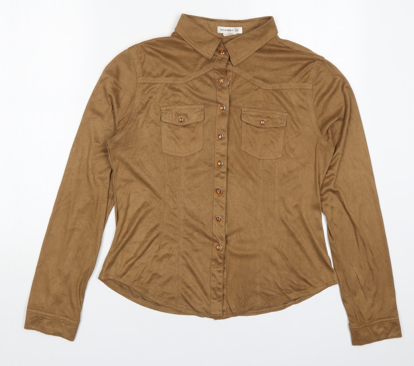 Roomates Womens Brown  Polyester Basic Button-Up Size L Collared
