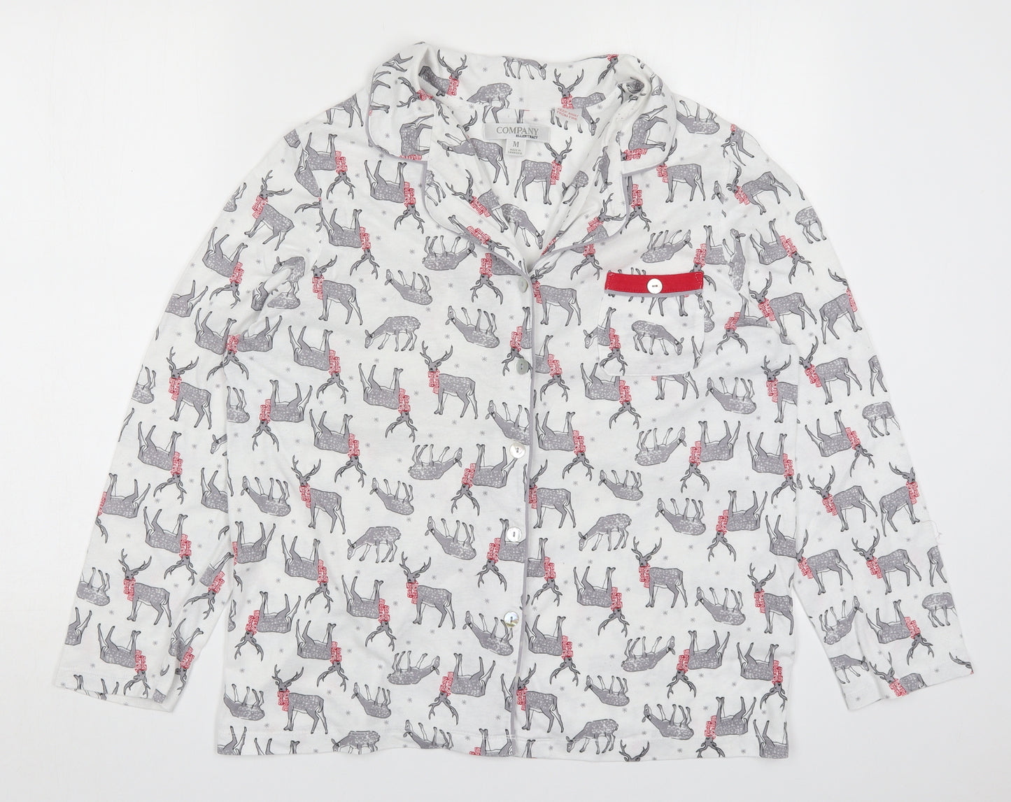Ellen Tracy Womens White Solid Cotton Top Pyjama Top Size M  Button - Christmas Deers