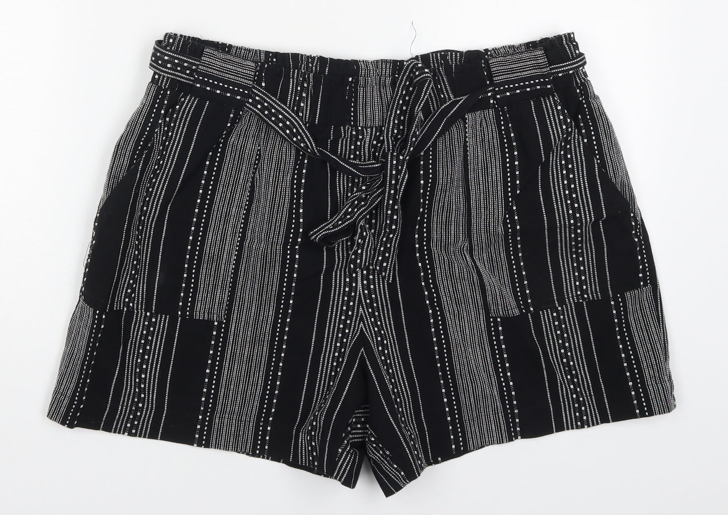 Marks and Spencer Womens Black Striped Cotton Mom Shorts Size 14 L3.5 in Regular