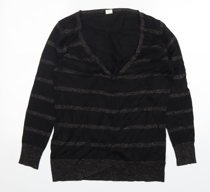 New Look Womens Black V-Neck Striped Acrylic Pullover Jumper Size 14