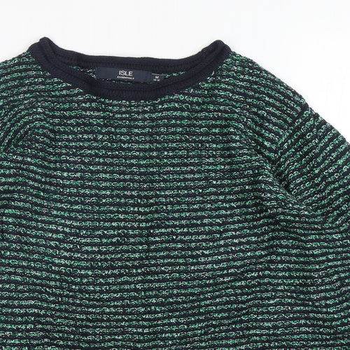 Isle Essentials Womens Green Round Neck Striped Cotton Pullover Jumper Size M
