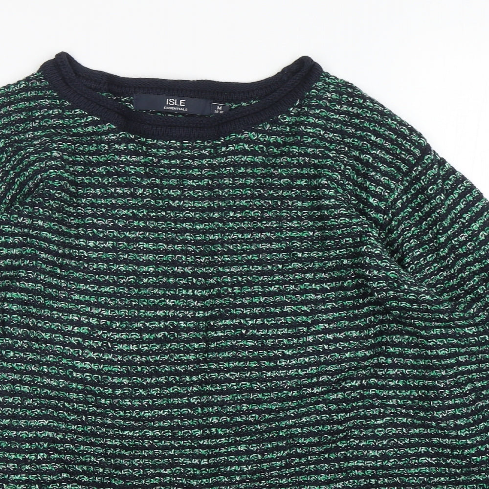 Isle Essentials Womens Green Round Neck Striped Cotton Pullover Jumper Size M