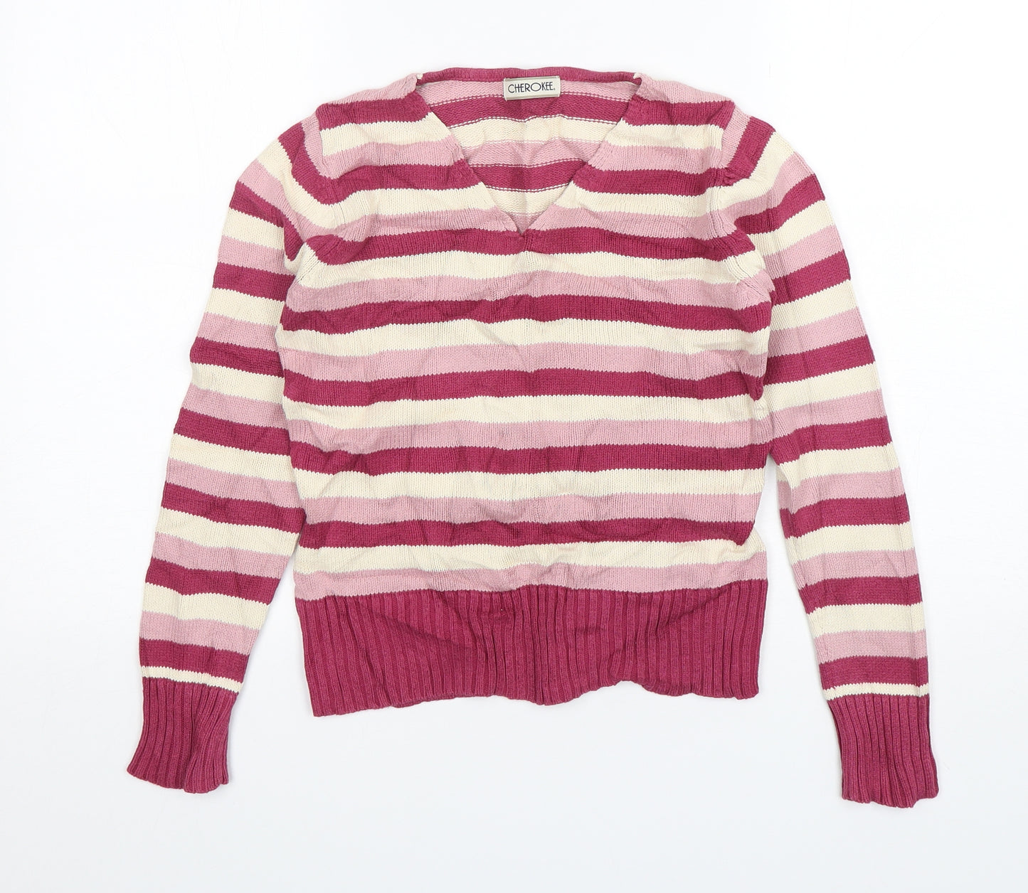 Cherokee  Womens Multicoloured V-Neck Striped Cotton Pullover Jumper Size 10