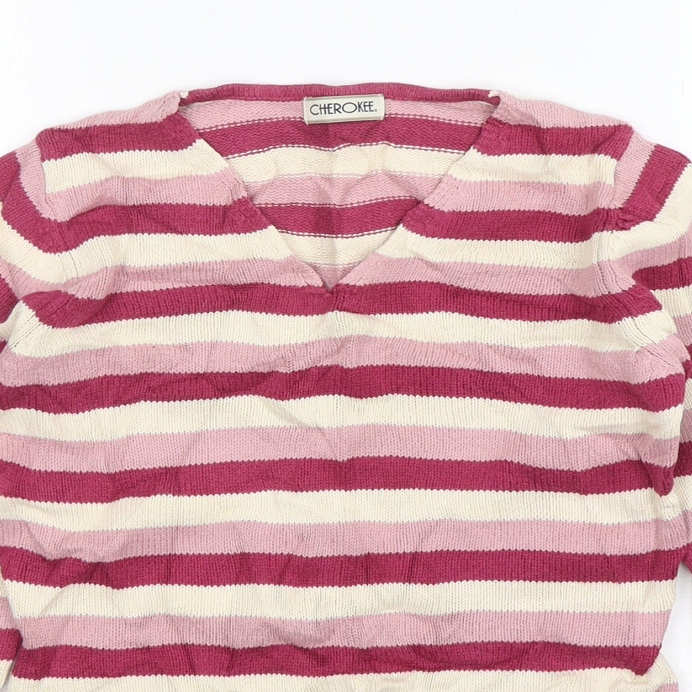 Cherokee  Womens Multicoloured V-Neck Striped Cotton Pullover Jumper Size 10