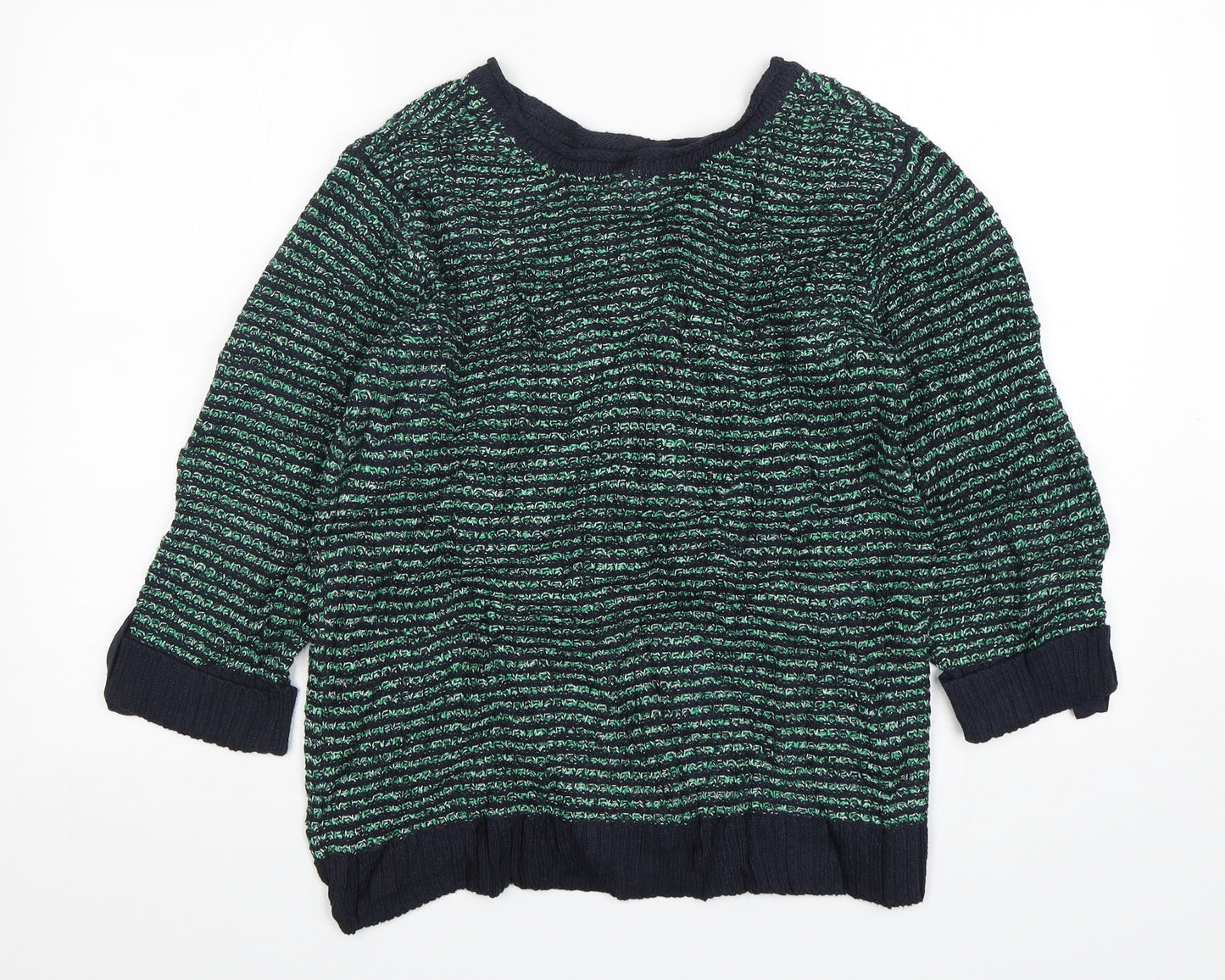 Isle Essentials Womens Green Round Neck Striped Cotton Pullover Jumper Size S