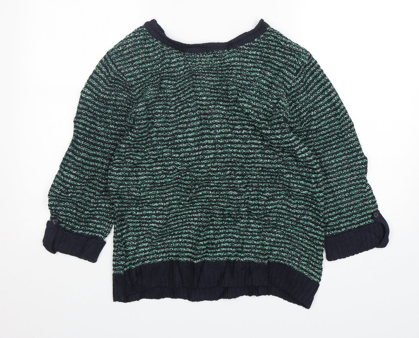 Isle Essentials Womens Green Round Neck Striped Cotton Pullover Jumper Size S