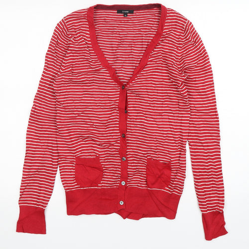 Linea Womens Red V-Neck Striped Cotton Cardigan Jumper Size S