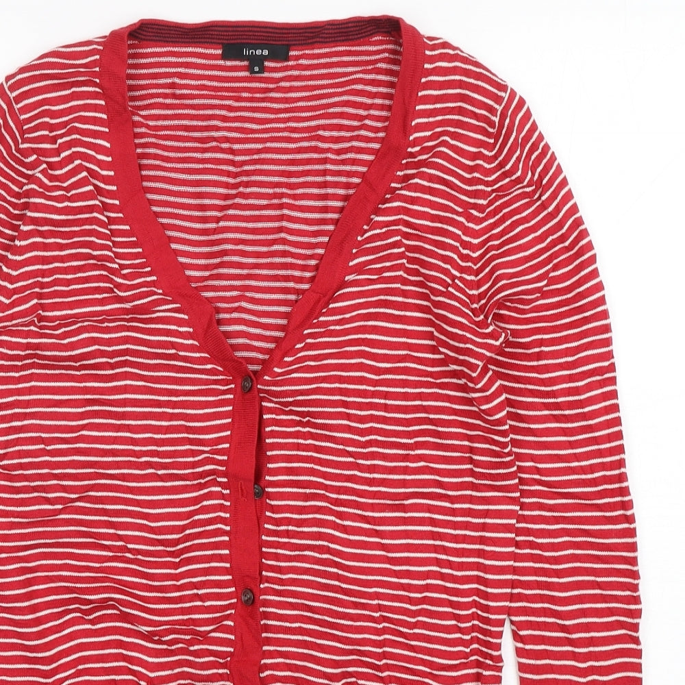 Linea Womens Red V-Neck Striped Cotton Cardigan Jumper Size S