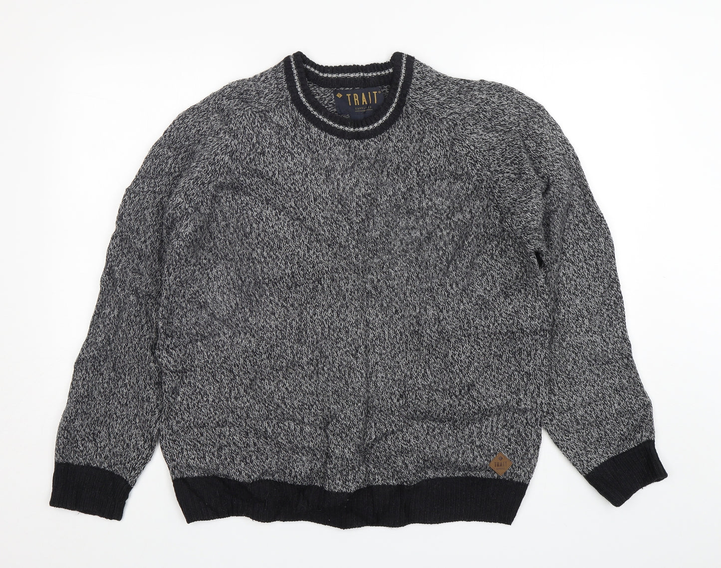 Trait  Mens Grey Round Neck  Acrylic Pullover Jumper Size L