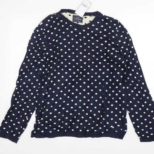 Topman Mens Blue Round Neck Polka Dot Cotton Pullover Jumper Size M