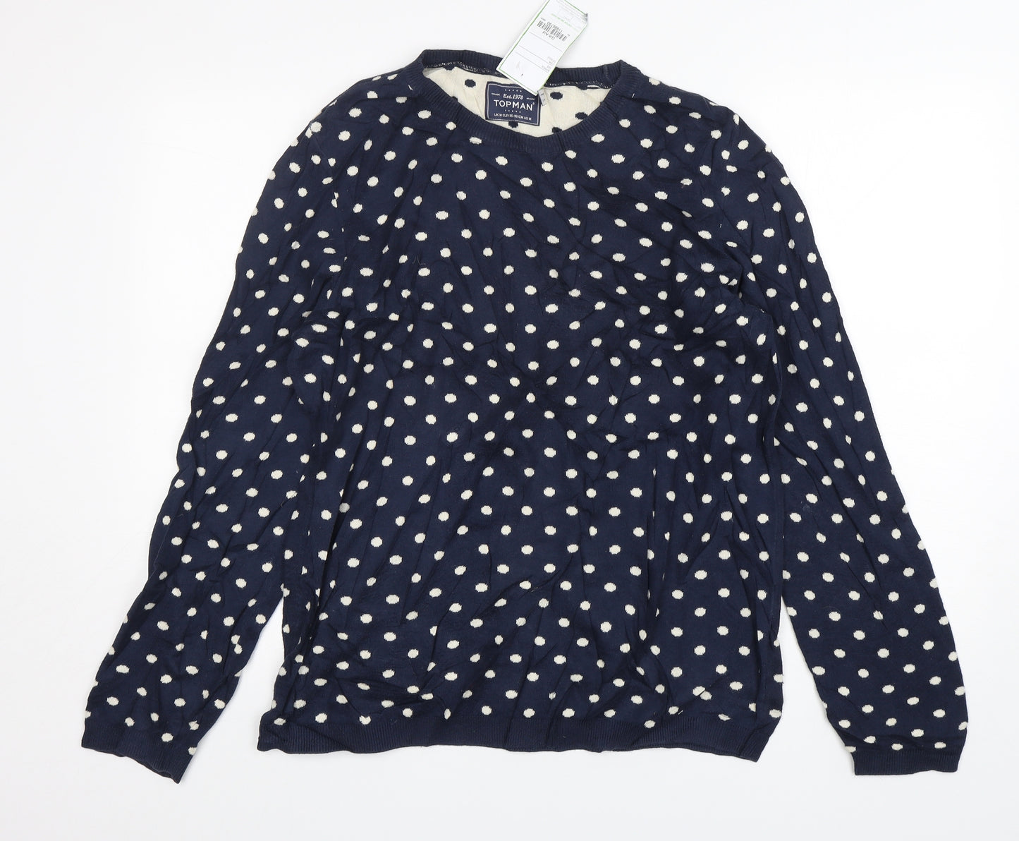 Topman Mens Blue Round Neck Polka Dot Cotton Pullover Jumper Size M