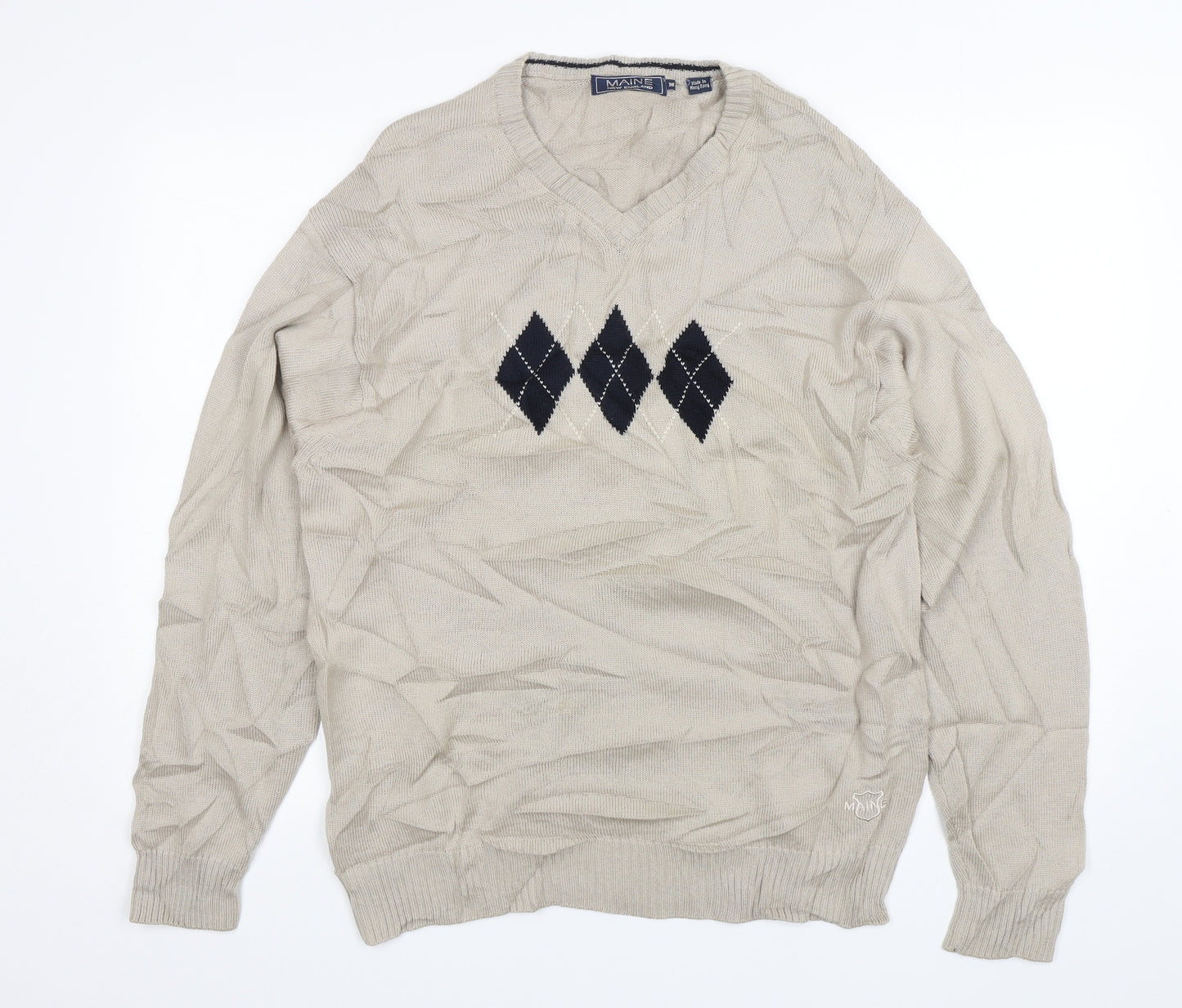 Maine  Mens Beige V-Neck Argyle/Diamond Wool Pullover Jumper Size M