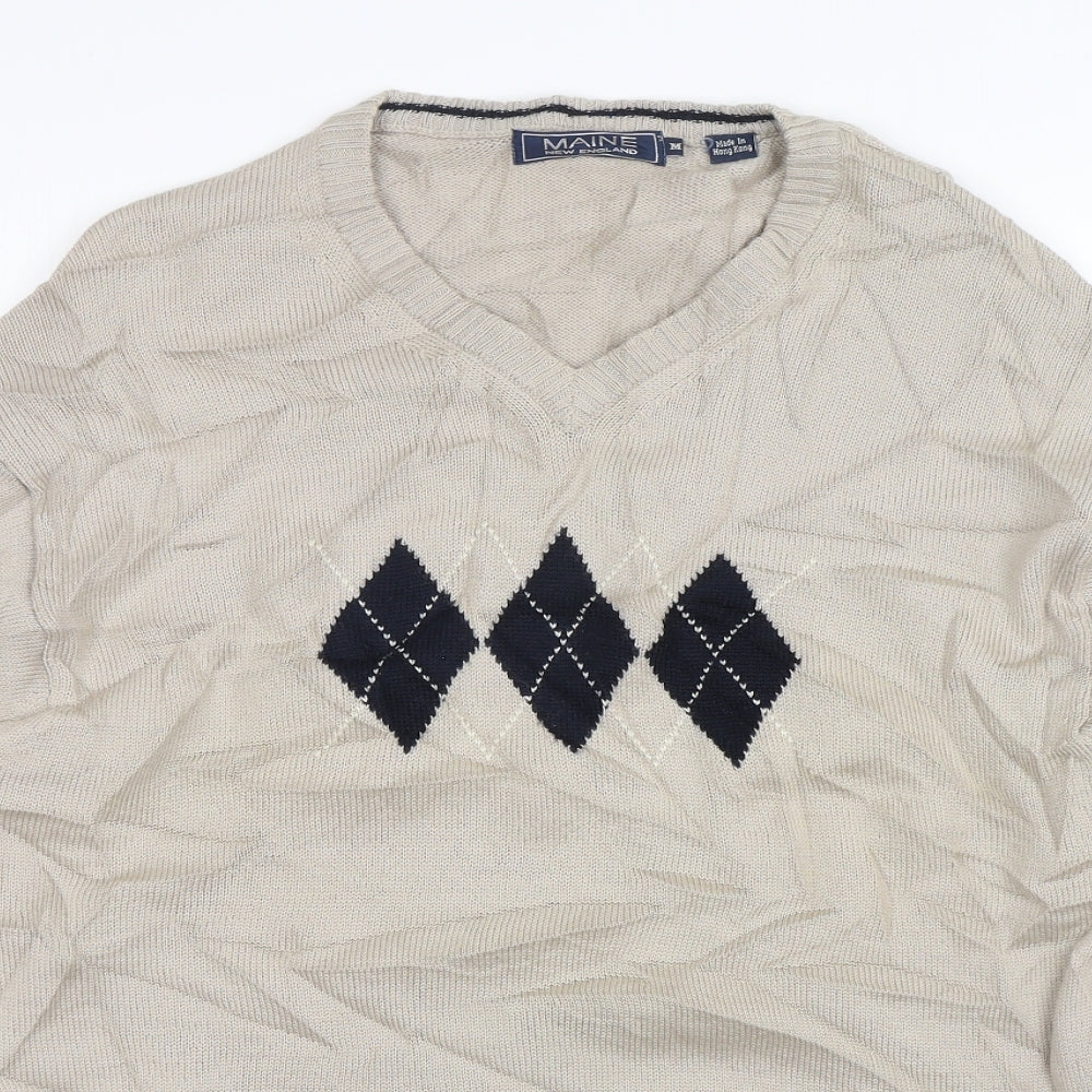 Maine  Mens Beige V-Neck Argyle/Diamond Wool Pullover Jumper Size M