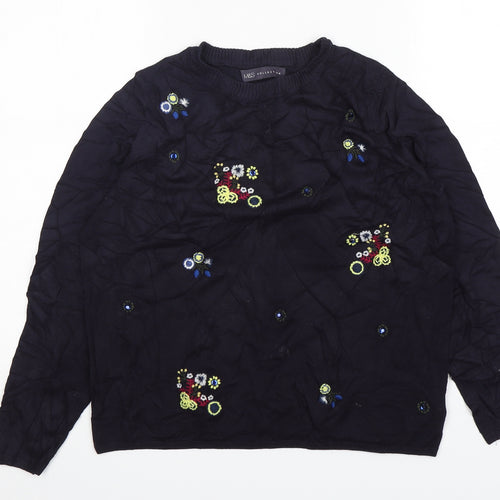M&S Womens Blue Round Neck Floral Viscose Pullover Jumper Size 14