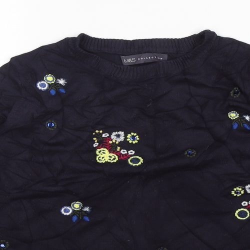 M&S Womens Blue Round Neck Floral Viscose Pullover Jumper Size 14