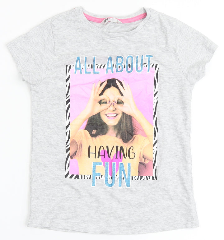 PEP & CO Girls Grey Cotton Basic T-Shirt Size 7-8 Years Round Neck - All about having fun