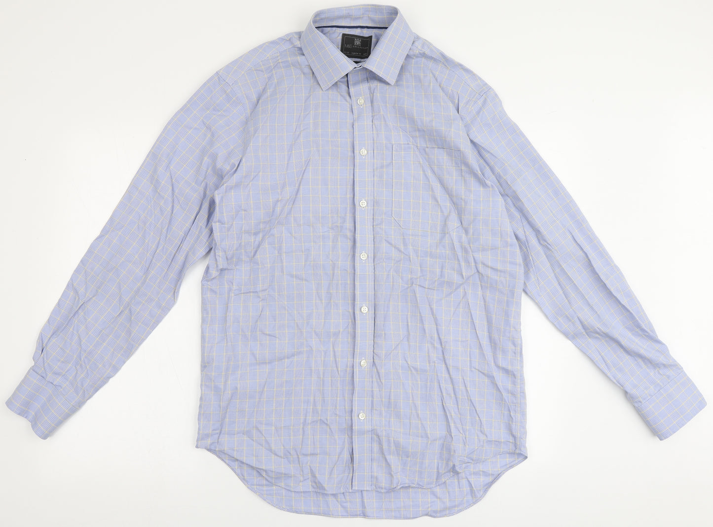 Marks and Spencer Mens Blue Check 100% Cotton  Dress Shirt Size 15.5 Round Neck Button