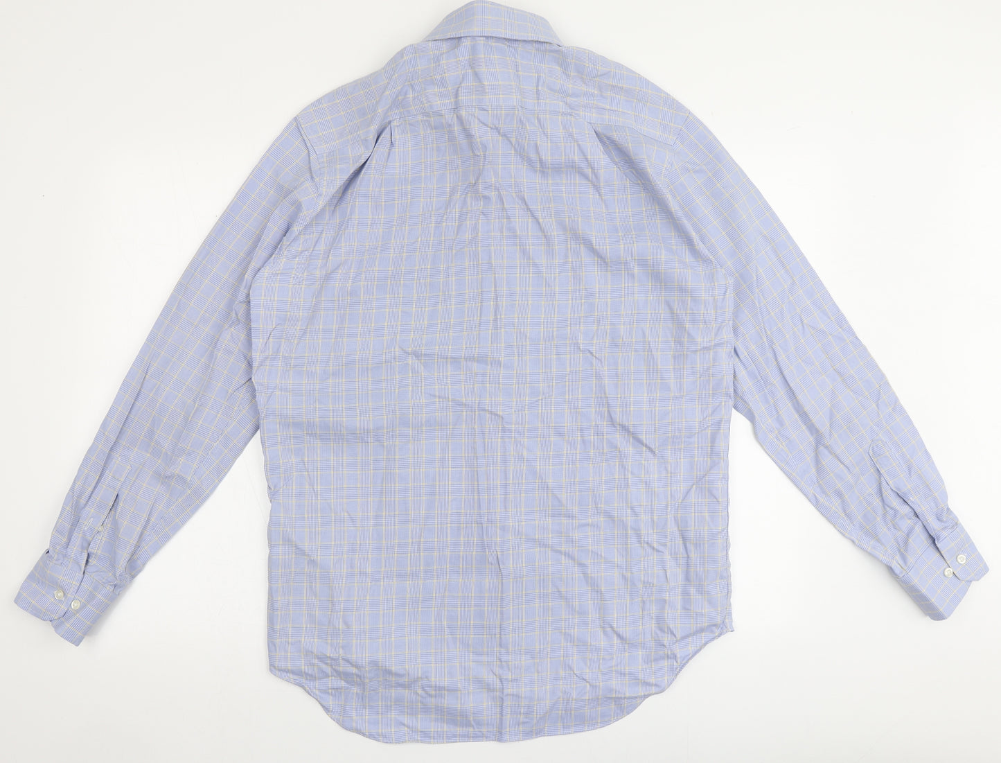 Marks and Spencer Mens Blue Check 100% Cotton  Dress Shirt Size 15.5 Round Neck Button