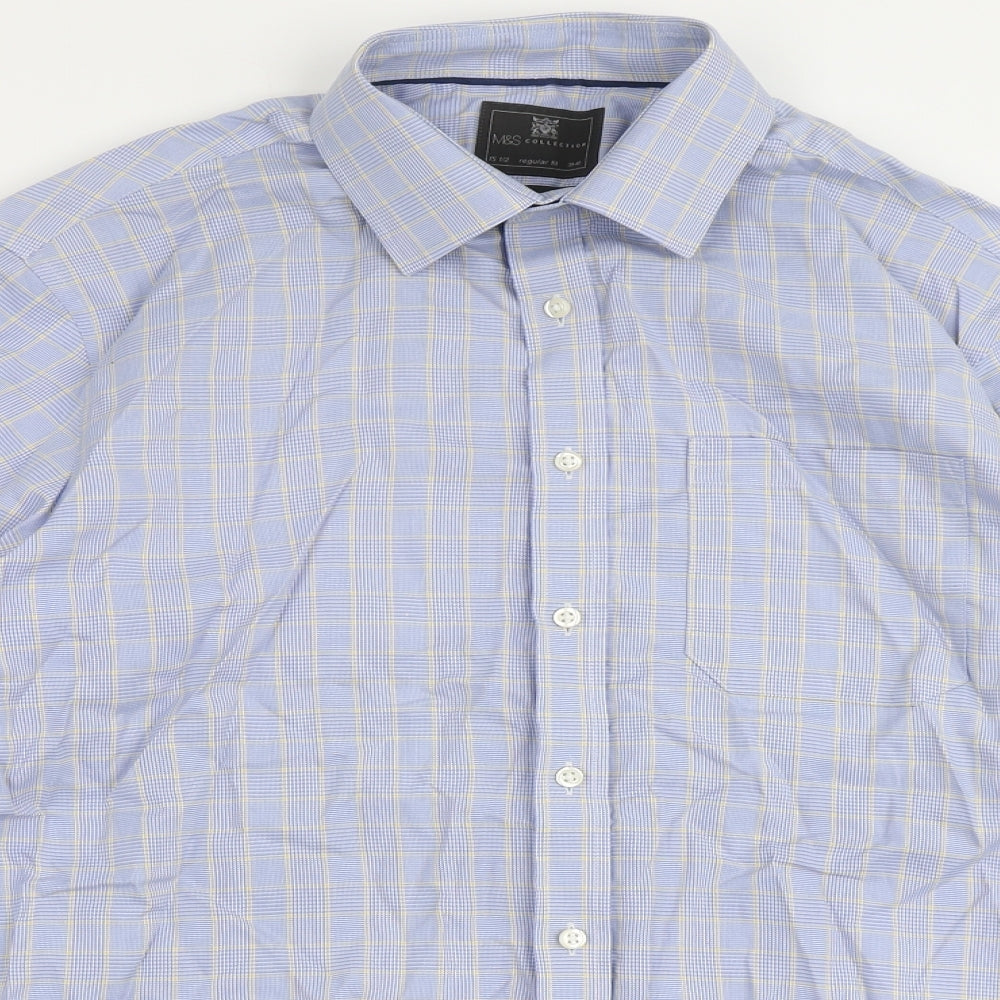 Marks and Spencer Mens Blue Check 100% Cotton  Dress Shirt Size 15.5 Round Neck Button