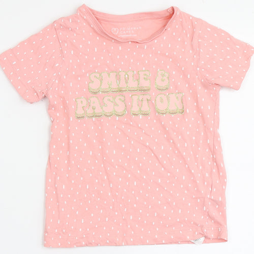 Primark Girls Pink Polka Dot 100% Cotton Basic T-Shirt Size 6-7 Years Round Neck  - Smile