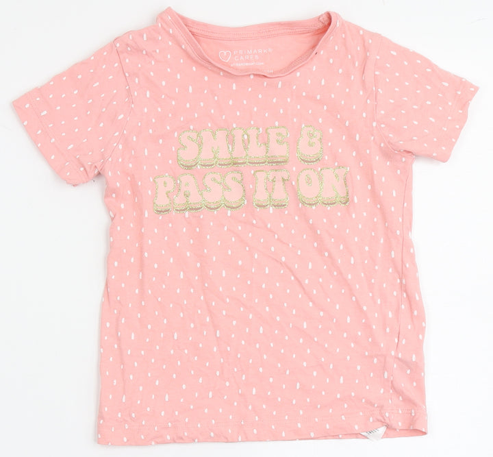 Primark Girls Pink Polka Dot 100% Cotton Basic T-Shirt Size 6-7 Years Round Neck  - Smile