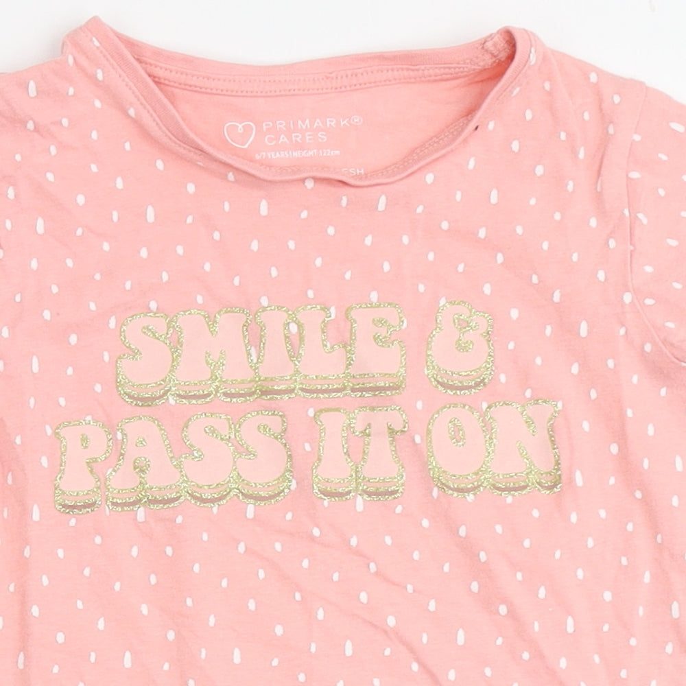 Primark Girls Pink Polka Dot 100% Cotton Basic T-Shirt Size 6-7 Years Round Neck  - Smile