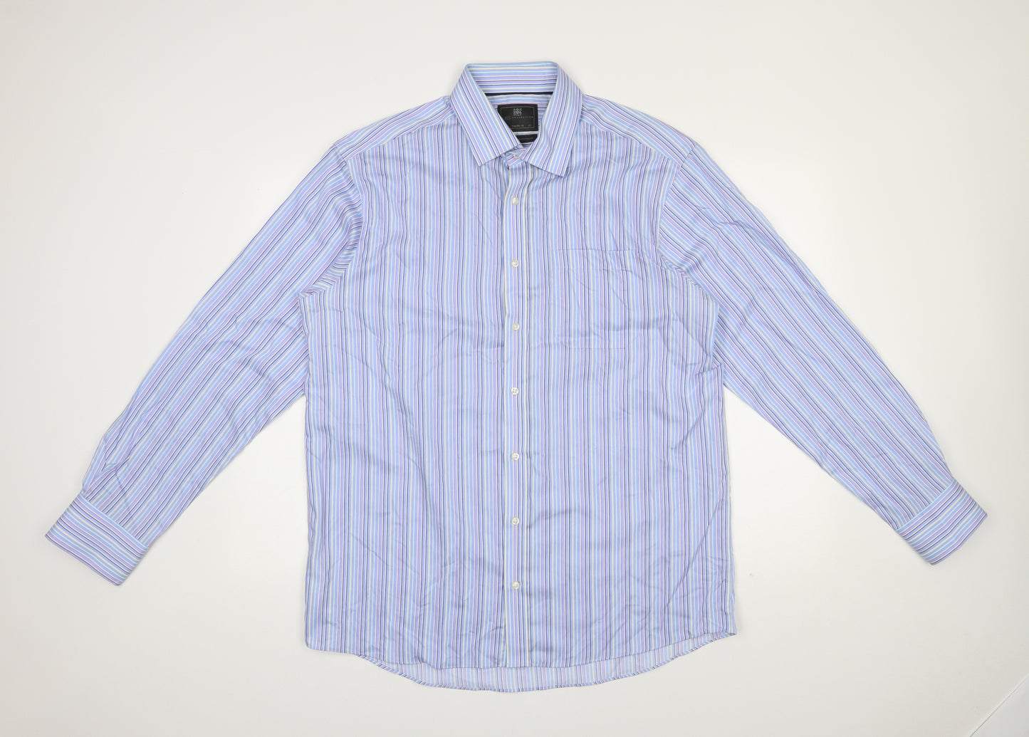 M&S Mens Blue Striped Cotton  Button-Up Size 16.5 Collared Button
