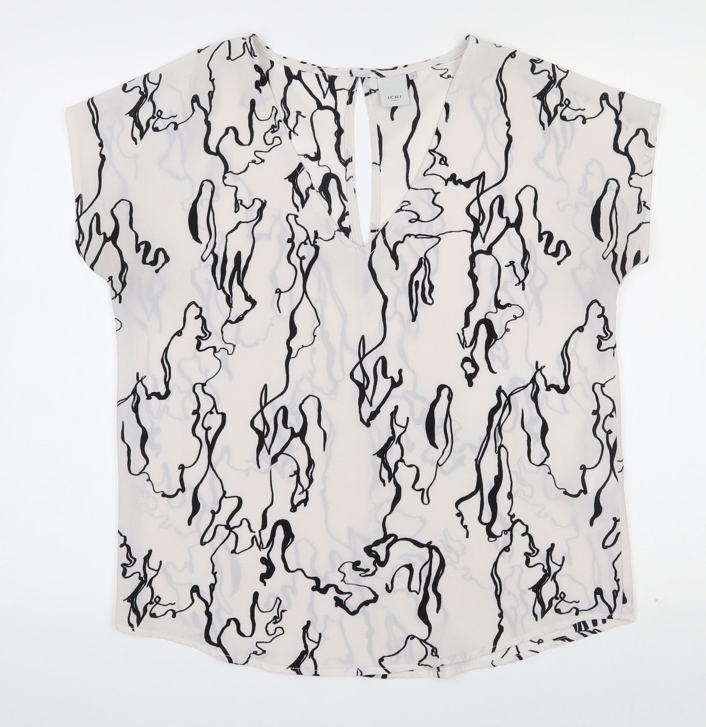 ICHI  Womens White Geometric Polyester Basic Blouse Size M V-Neck