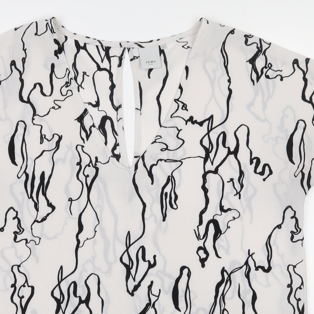 ICHI  Womens White Geometric Polyester Basic Blouse Size M V-Neck