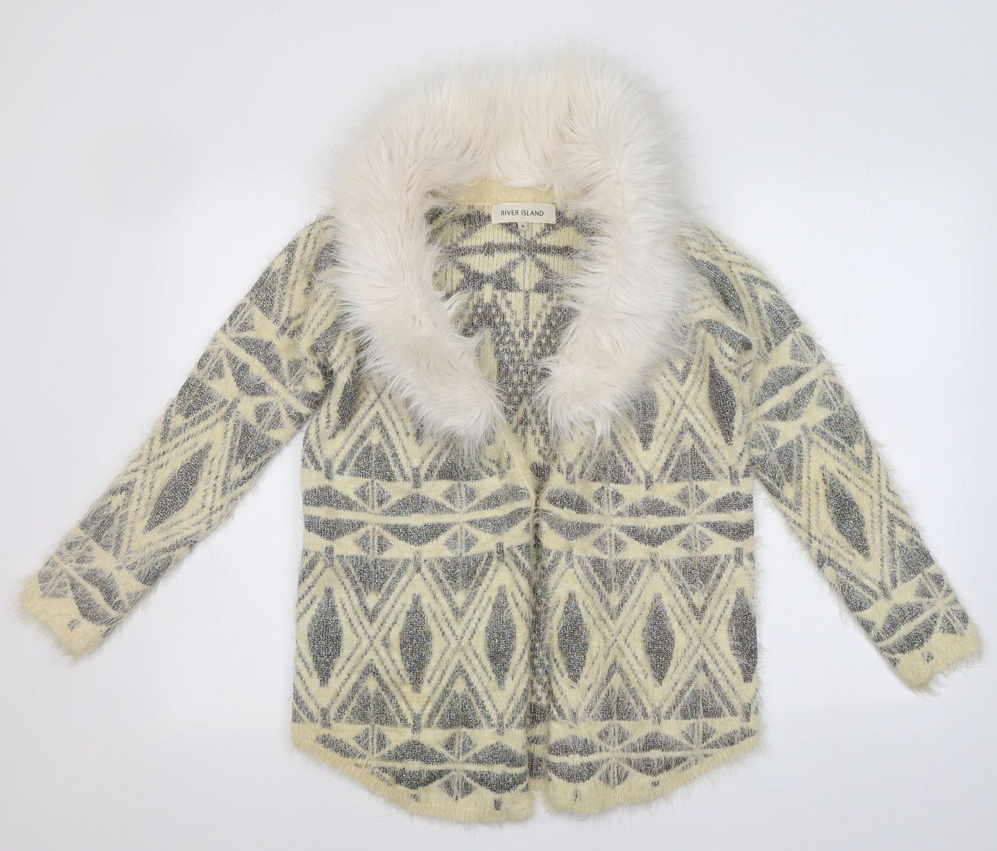 River Island Womens Ivory V-Neck Geometric Nylon Cardigan Jumper Size 8   - Faux Fur