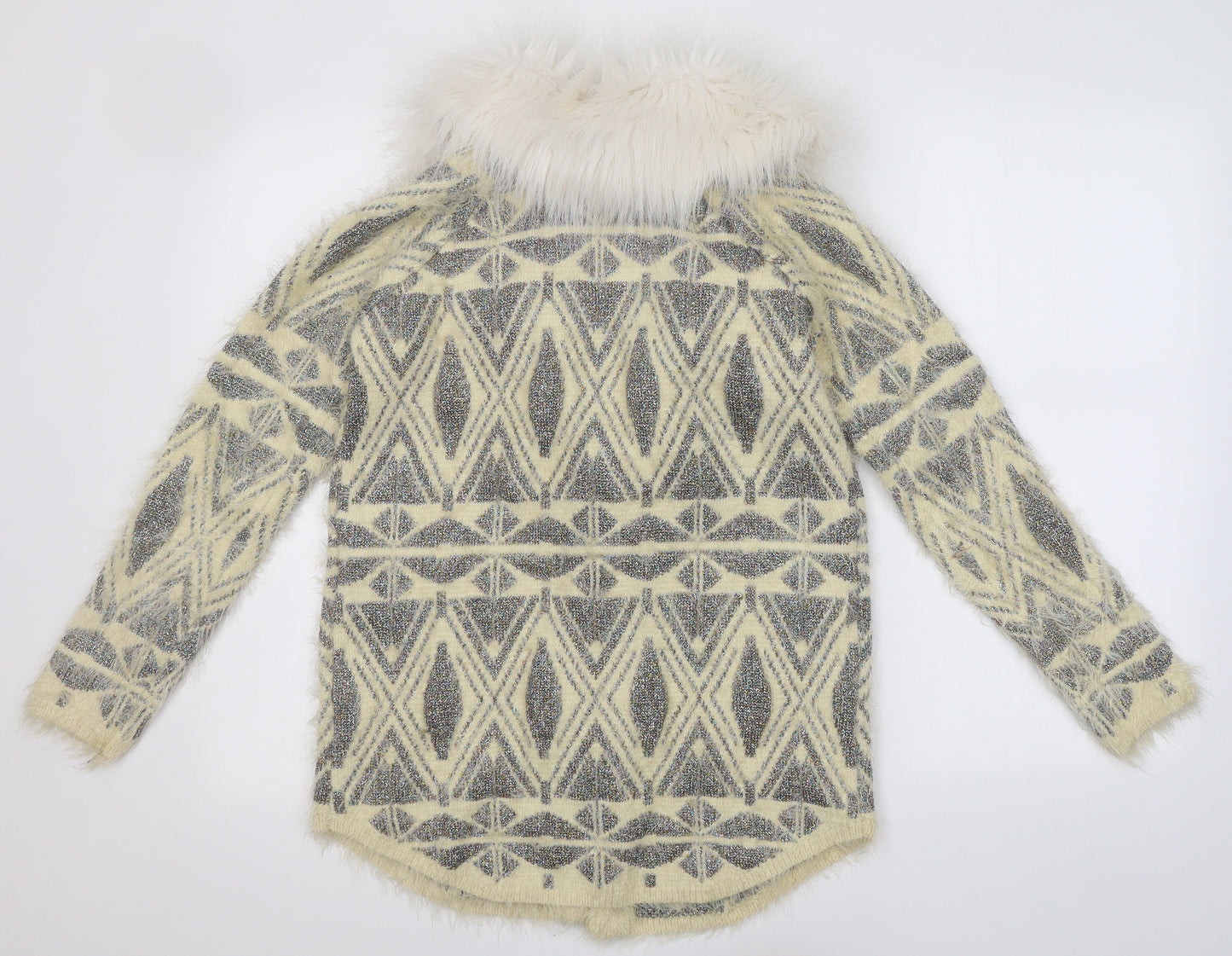 River Island Womens Ivory V-Neck Geometric Nylon Cardigan Jumper Size 8   - Faux Fur