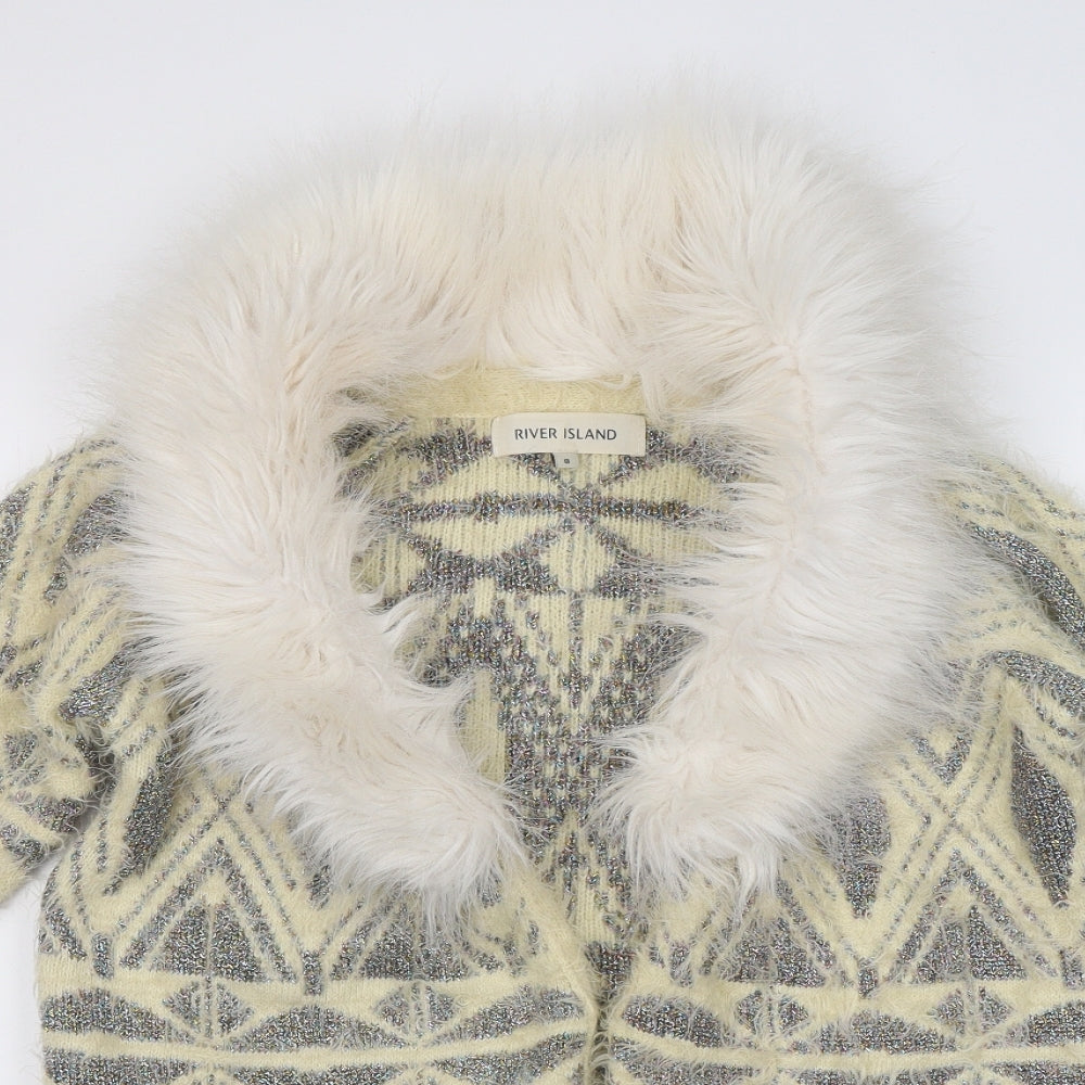 River Island Womens Ivory V-Neck Geometric Nylon Cardigan Jumper Size 8   - Faux Fur