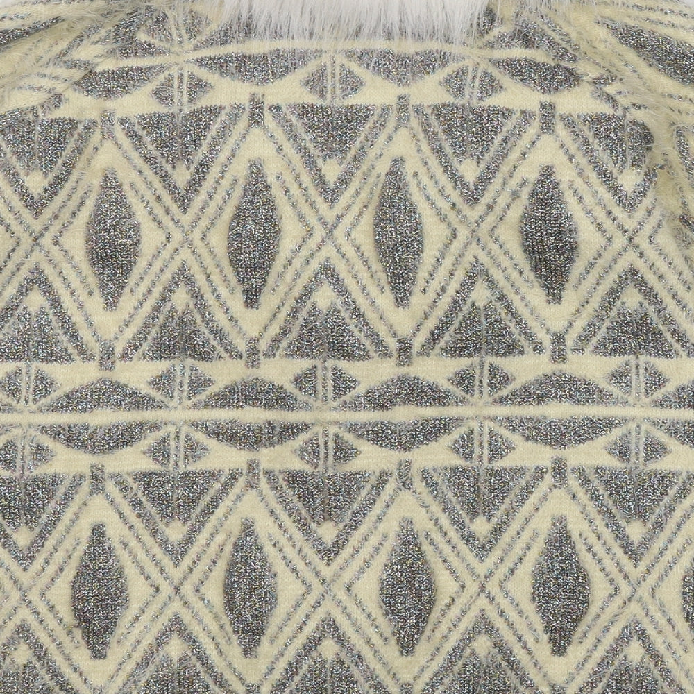 River Island Womens Ivory V-Neck Geometric Nylon Cardigan Jumper Size 8   - Faux Fur