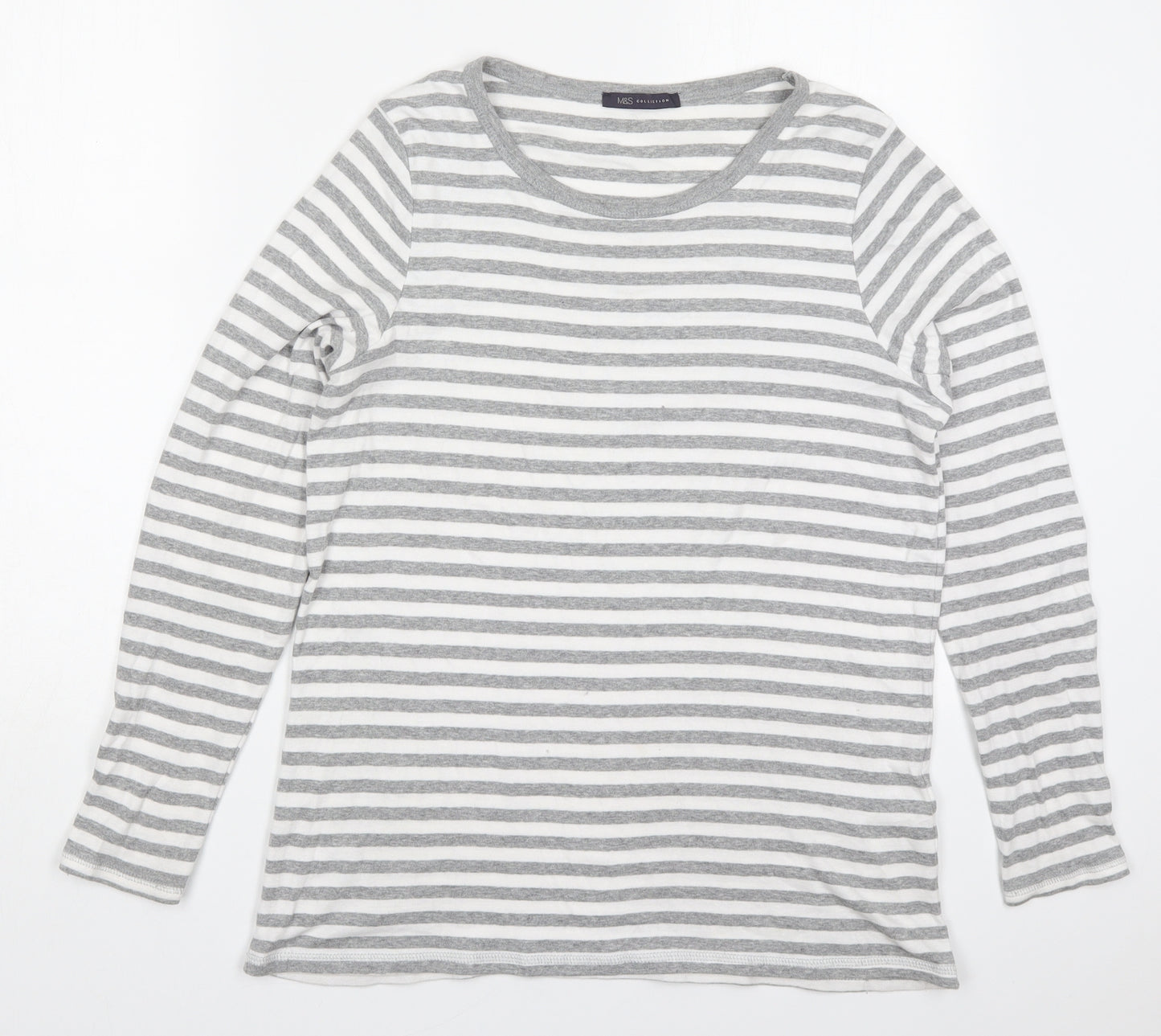 Marks and Spencer Womens Grey Striped Cotton Basic T-Shirt Size 18 Round Neck