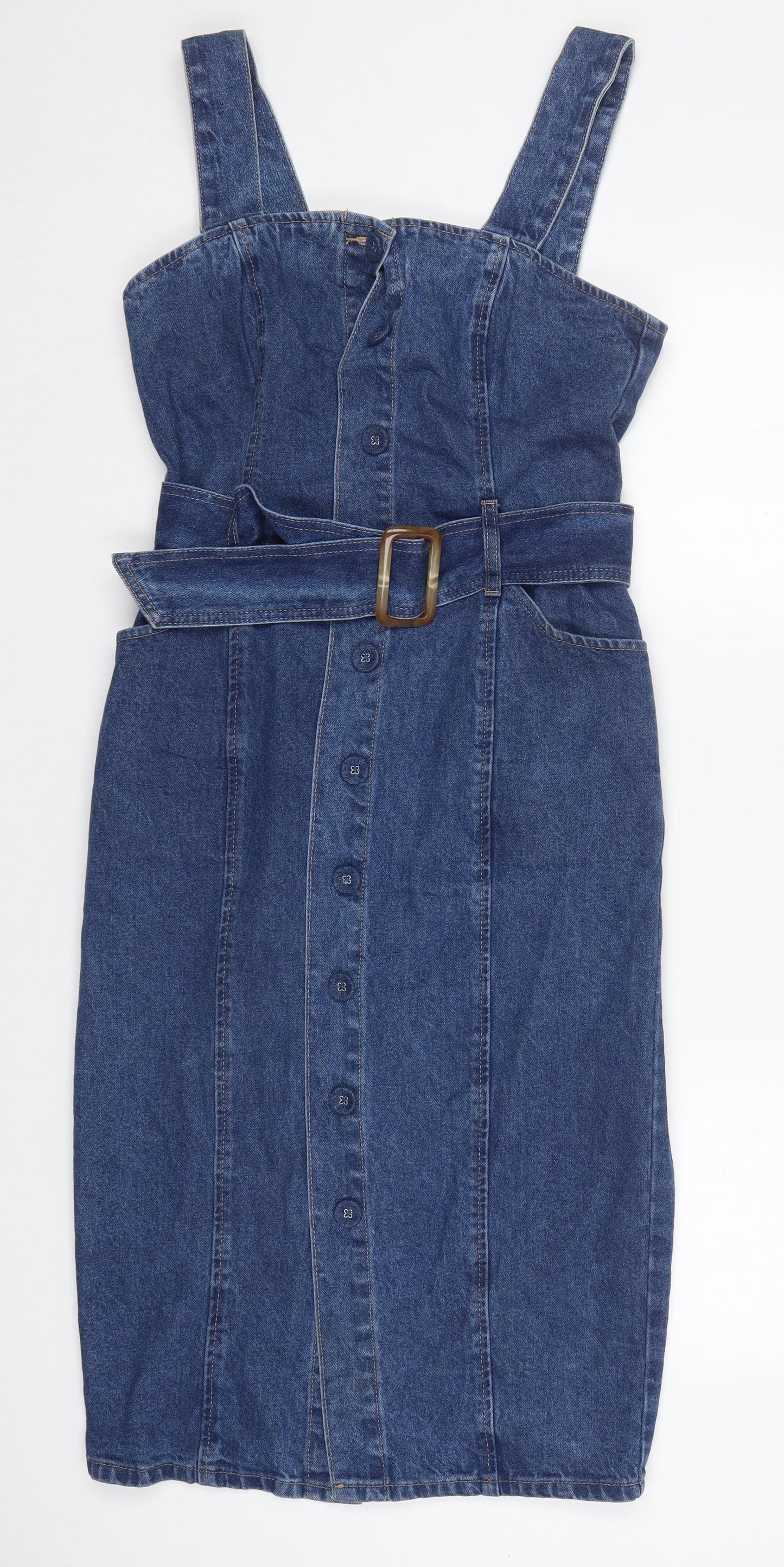 NEXT Womens Blue  Cotton Pencil Dress  Size 10  Square Neck Button
