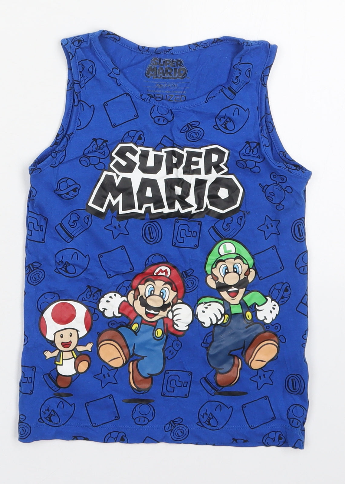 Primark Boys Blue  Cotton Basic Tank Size 5-6 Years Round Neck Pullover - Super Mario