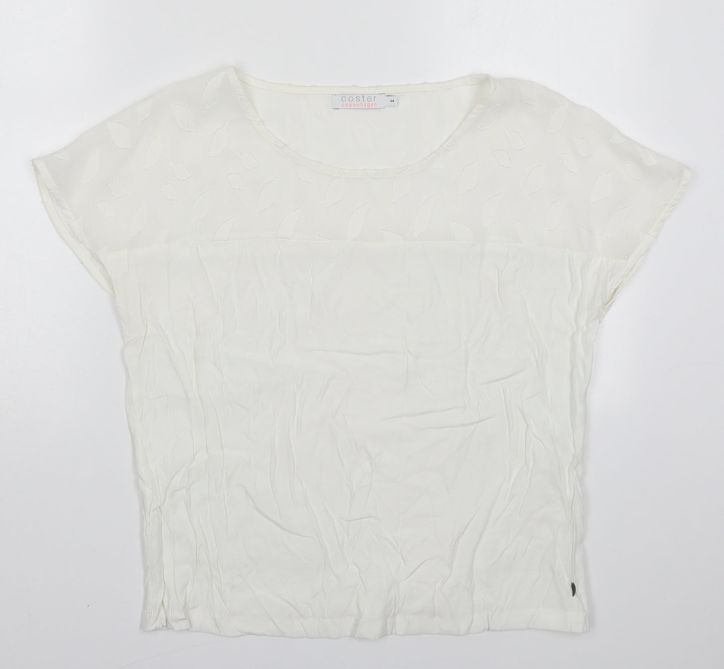 Coster Womens White  Viscose Basic Blouse Size 8 Round Neck - Leaf Pattern